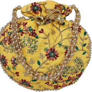 Luxury Flower Yellow Potli Bag - Embroidered Silk Clutch with Spacious Interior